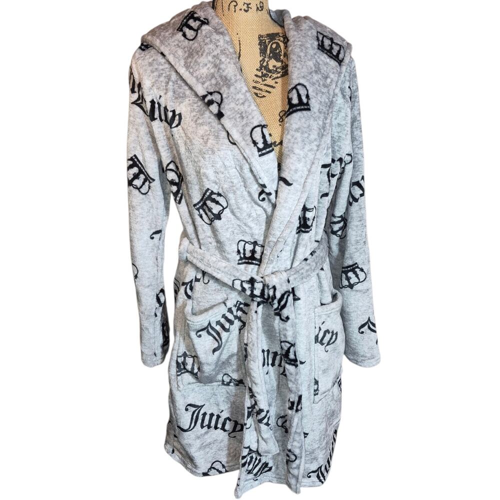 NEW Juicy Couture Sleepwear Ultra Soft Plush Hooded Bath Robe Belted Gray/ Blk M
